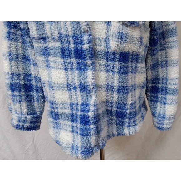 Blair Womens Medium Blue White Plaid Sherpa Snap Front Fuzzy Jacket - Picture 4 of 10